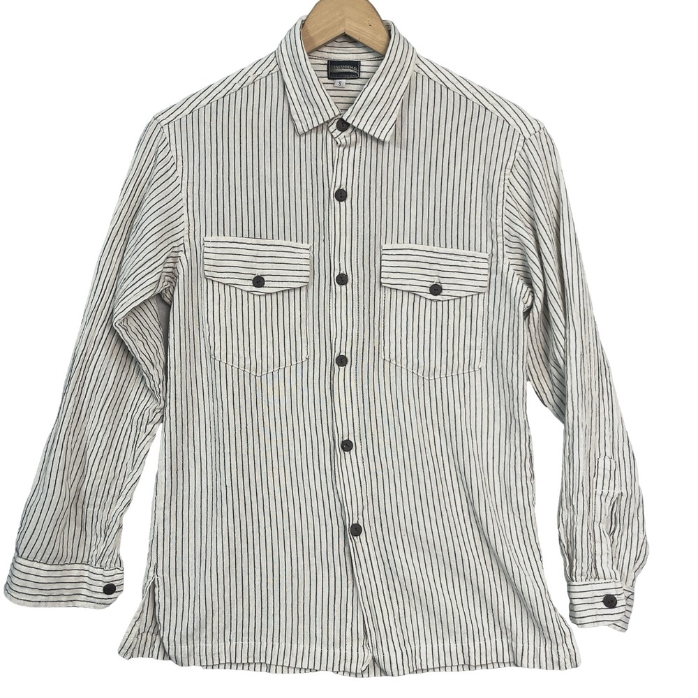 Ganesh Himal White‎ Black Striped Shirt Size S Cotton Linen Button Down